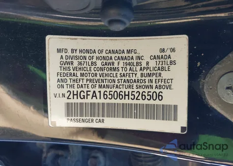 2006 Honda Civic Lx from USA, damaged, VIN 2HGFA16506H526506